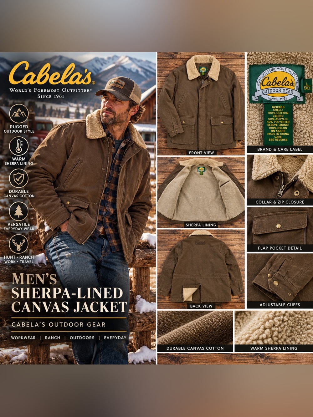 Cabela’s Barn Chore Coat Men L Tall Brown Sherpa Lined Canvas Work Jacket VTG